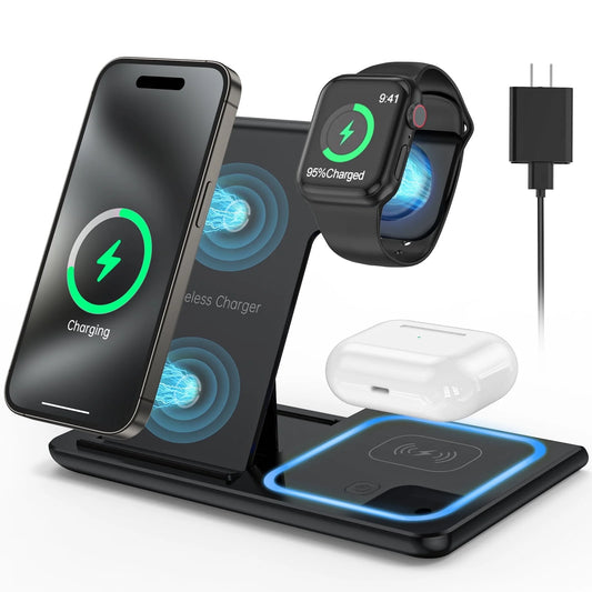 3-in-1 Wireless Charging Station with 18W Fast Charging for iPhone, Apple Watch, and AirPods - Foldable and Adjustable Design with QC3.0 Adapter Included